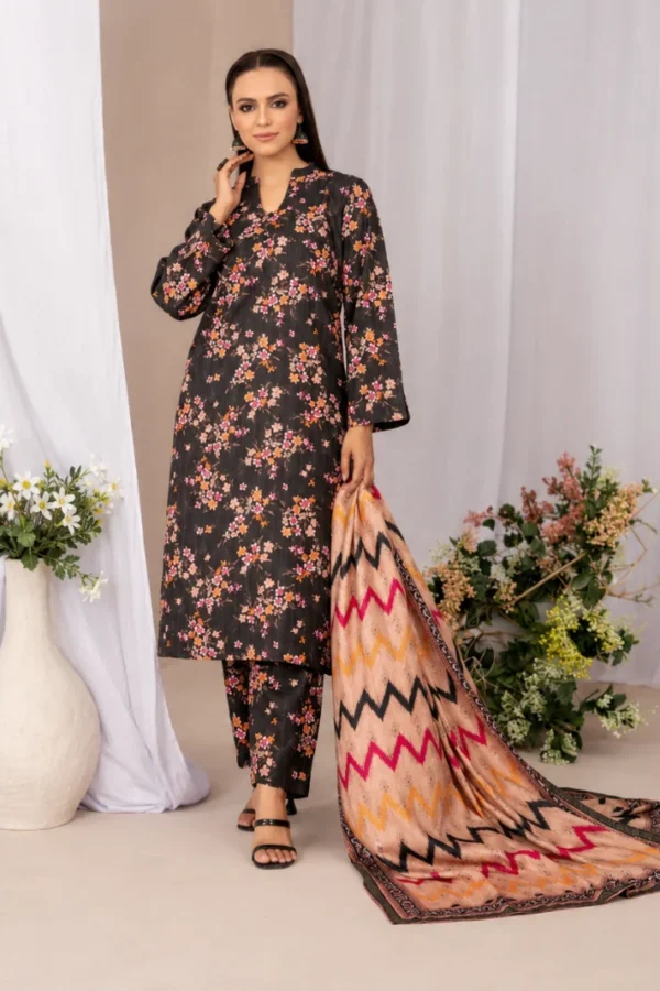 Black Floral 3pcs Un-Stitched Printed Lawn [D-5435]