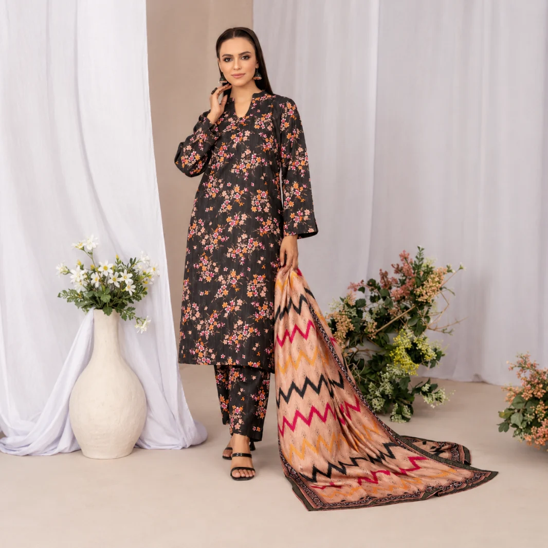 Black Floral 3pcs Un-Stitched Printed Lawn [D-5435]