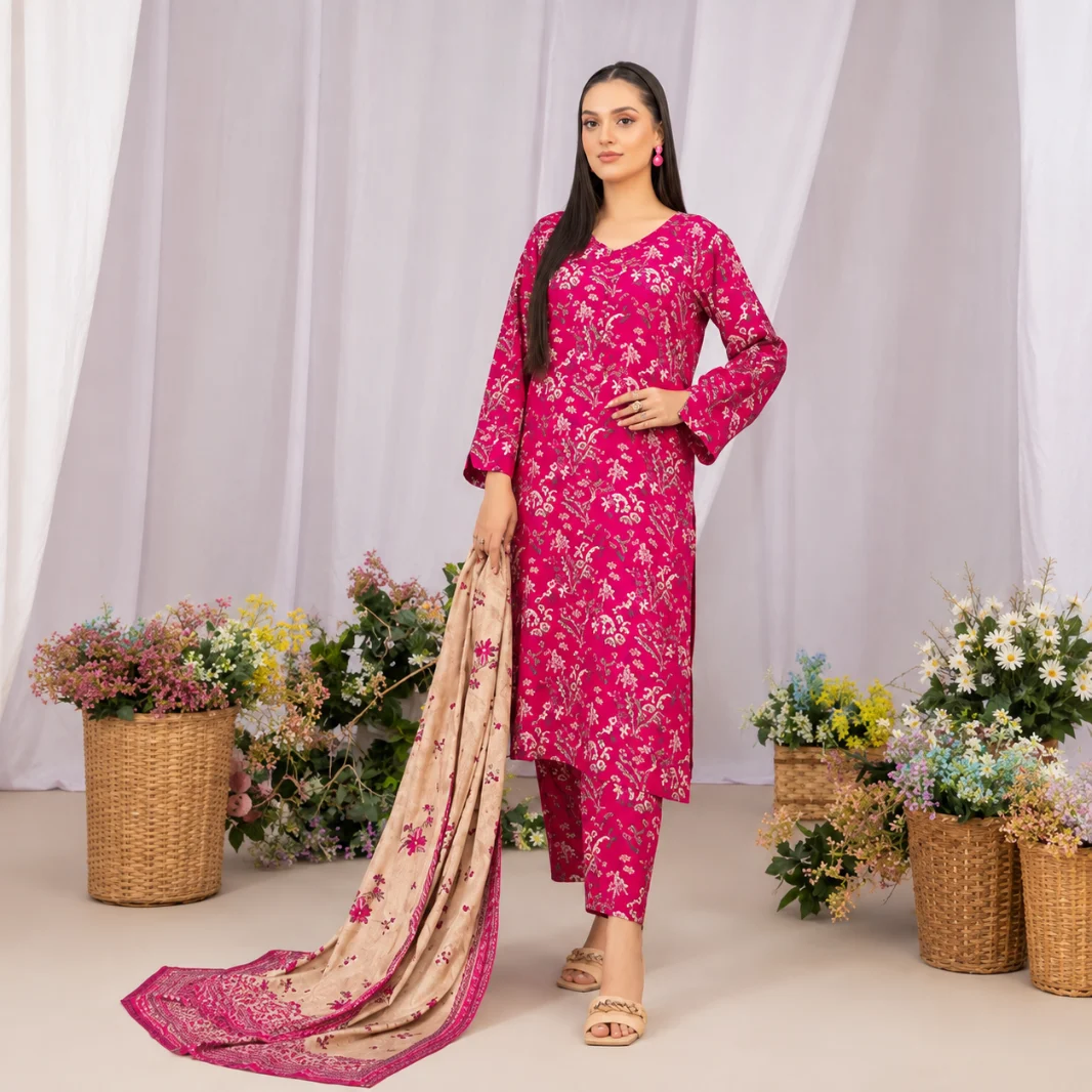 Fuchsia Pink 3pcs Un-Stitched Printed Lawn [D-5434]